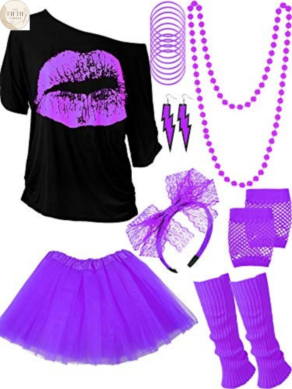 80s Neon Tutu Skirt Costume Set with Tee Gloves Headband Earrings